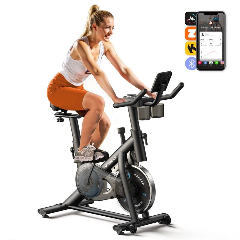 MERACH Exercise Bike Brake Pad Stationary Bike Low Noise Indoor Cycling Bike 270lbs Weight Capacity Tablet Mount Fitness Courses