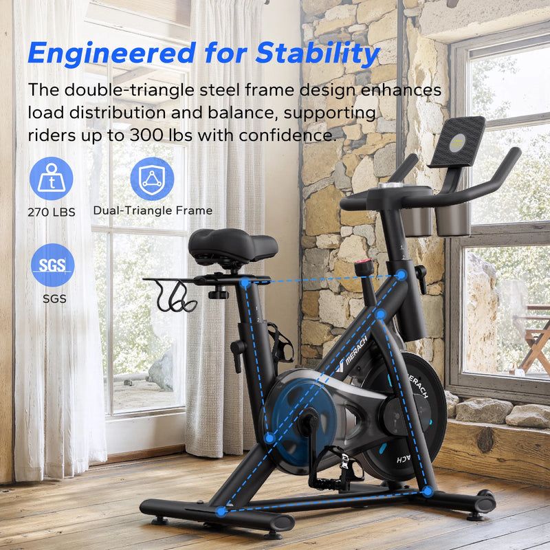 MERACH Exercise Bike Brake Pad Stationary Bike Low Noise Indoor Cycling Bike 270lbs Weight Capacity Tablet Mount Fitness Courses