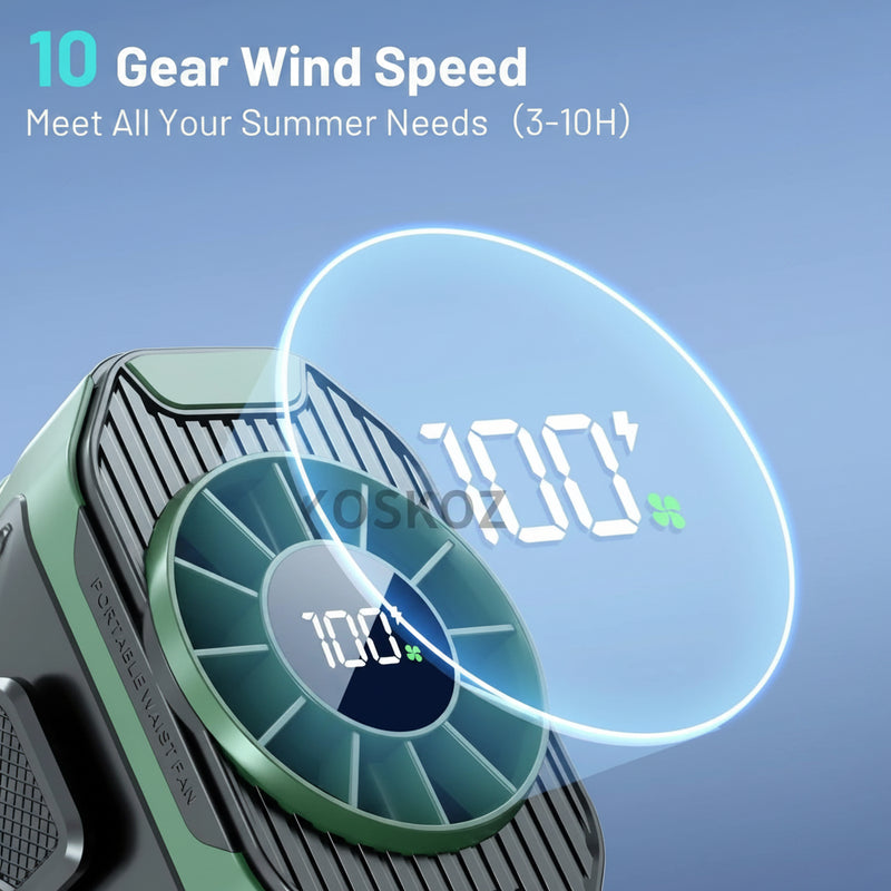 Portable Waist Fan with 10 Speed, Clip on Wearable Personal Fan with Flashlight, Hands-Free Hanging Neck Fan