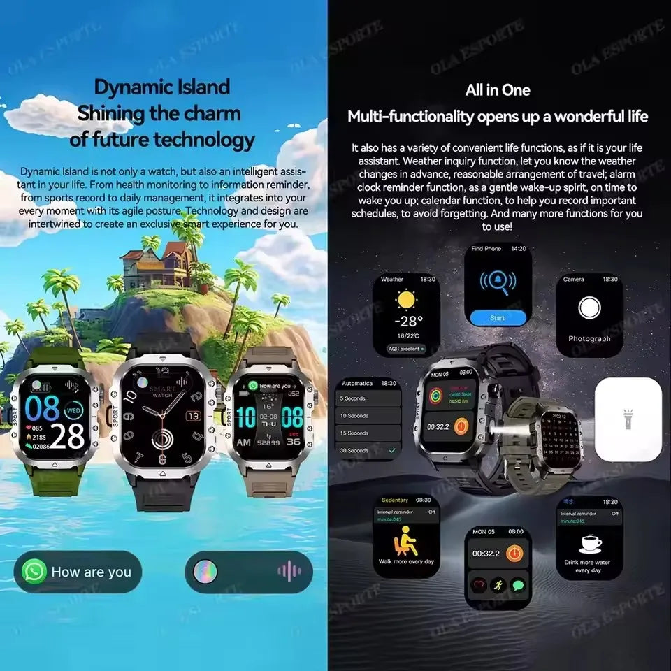 New Military Style Smart Watch Men's Flashlight Bluetooth Call & more features