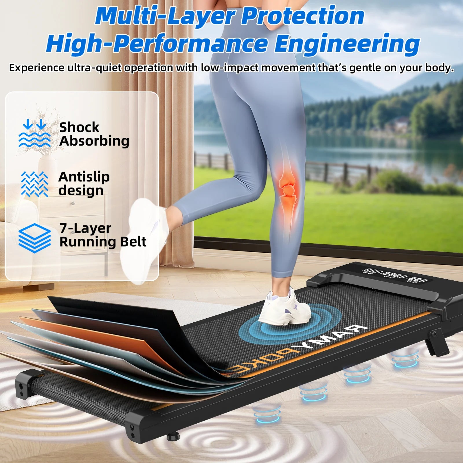 RAMYPOKET Walking Pad Treadmill with 9% Incline APP Control, 3-Window LED 2.5HP Under Desk Treadmill 120KG Capacity 1-8 Km/h Treadmill Running Machine