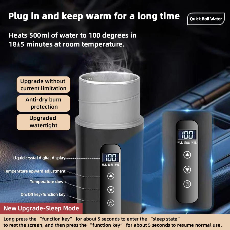 Electric Kettle 12V24V Portable Heating Cup 500ml Travel Heating Touch Screen Intelligent Adjustable Temperature Thermal Cup