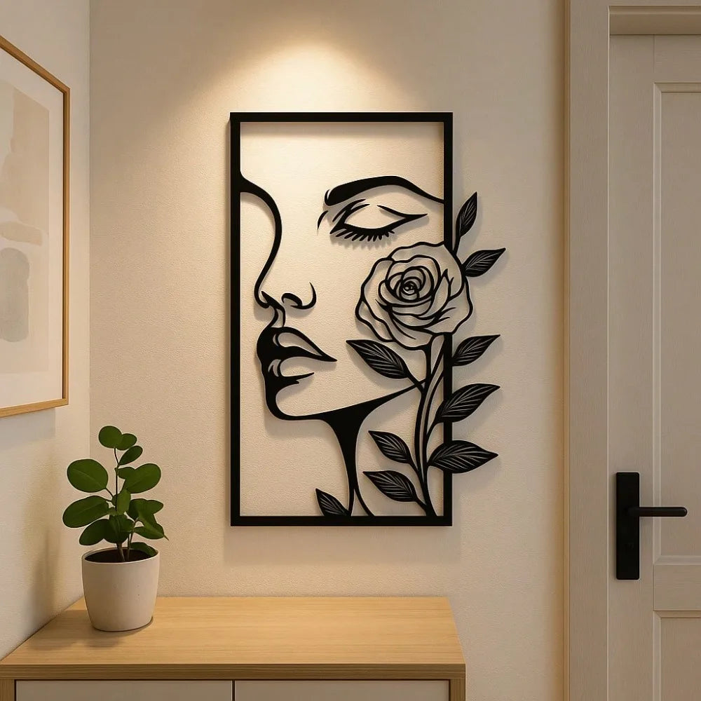 CIFBUY Woman Flower Metal Wall Art Decor Modern Home Gift Aesthetic Portrait Face Outline Bedroom Room Decor