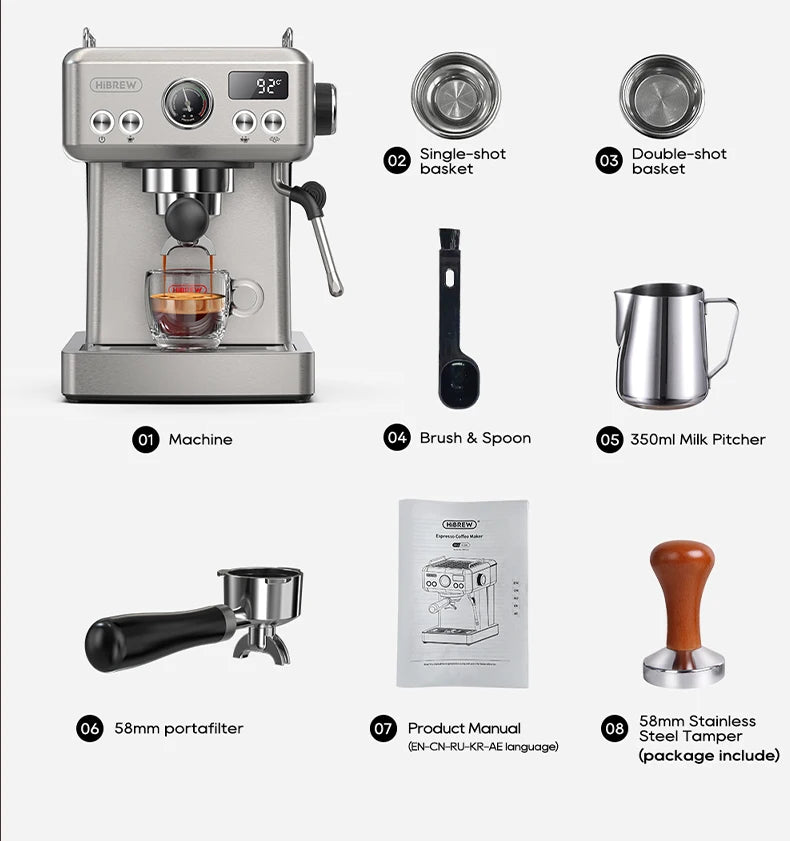 HiBREW 20Bar Semi Automatic Espresso Coffee Machine Temperature Adjustable 58mm Portafilter Cold/Hot Coffee Maker Metal