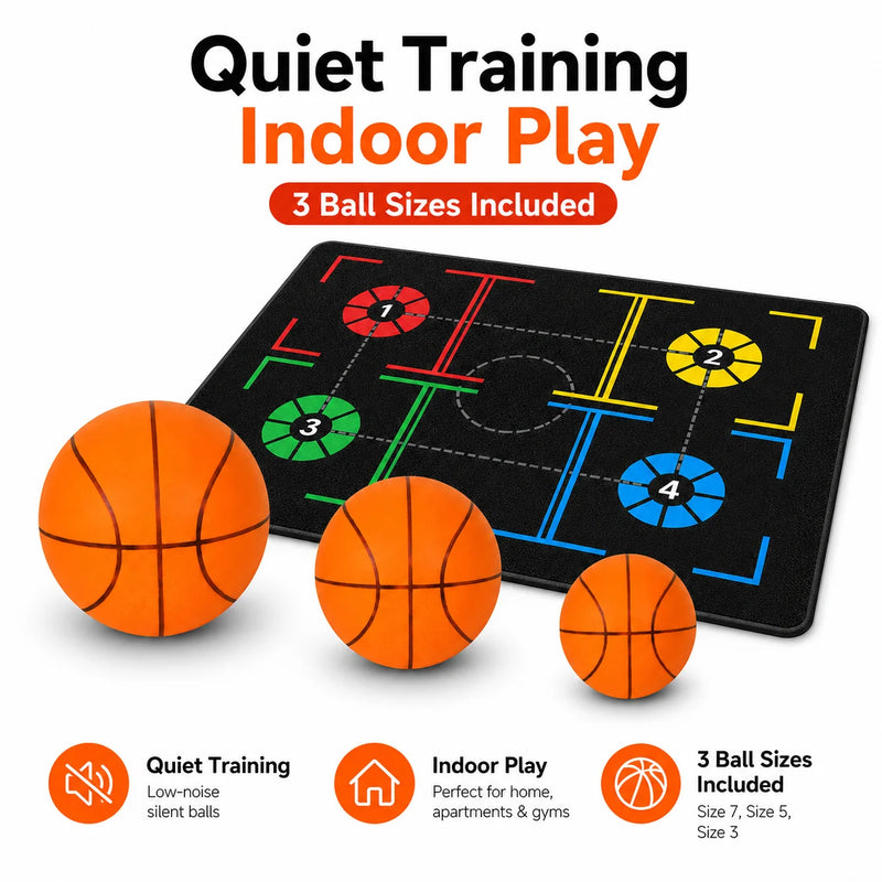 Basketball Training Mat + Silent Balls Set, Sizes 3 5 7, Indoor Practice & Coordination