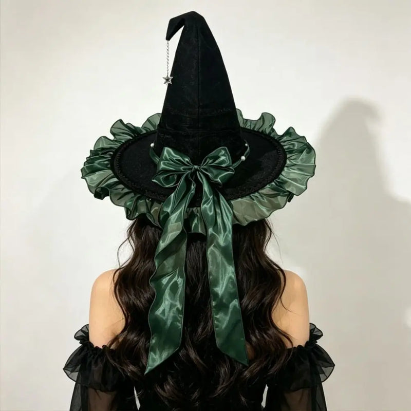 Gothic Lolita Witch Hat – Satin Bow, Lace & Star Pendant Bendable Masquerade Costume Hat for Women, Halloween Party & Cosplay