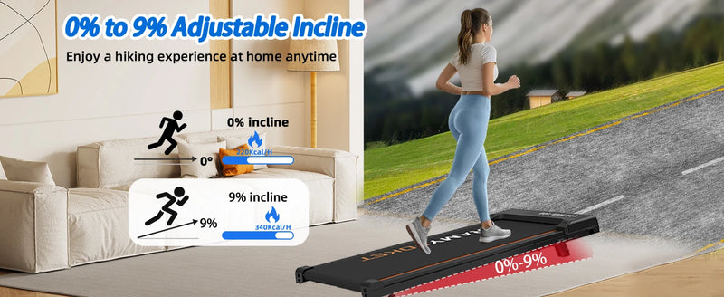 RAMYPOKET Walking Pad Treadmill with 9% Incline APP Control, 3-Window LED 2.5HP Under Desk Treadmill 120KG Capacity 1-8 Km/h Treadmill Running Machine