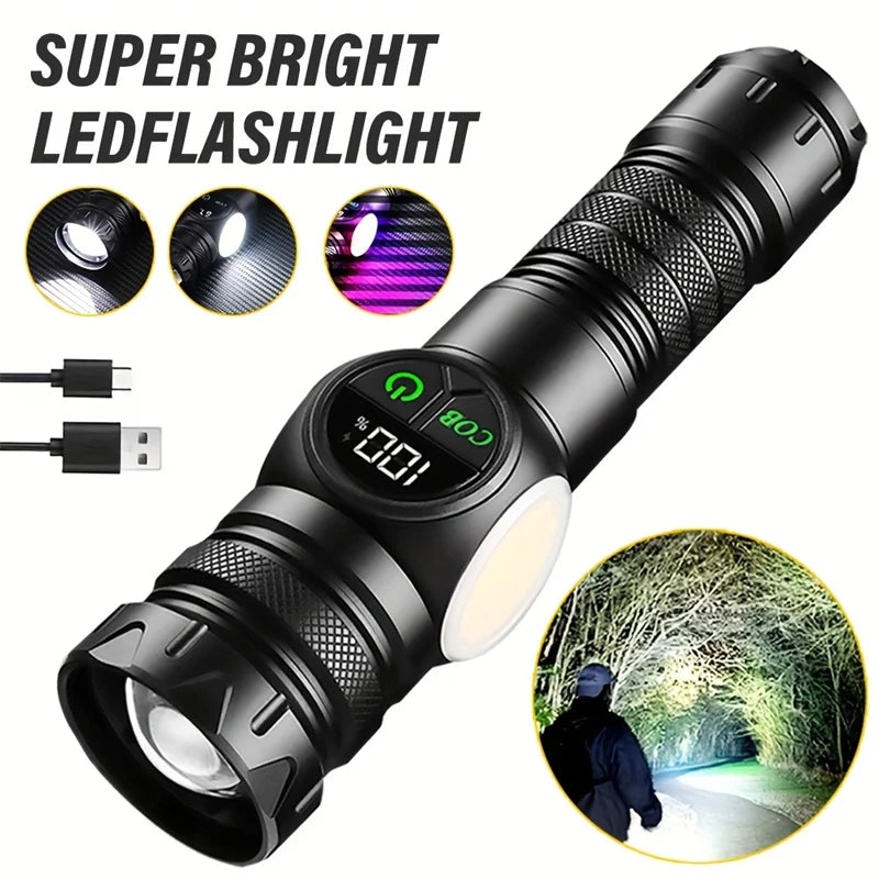 Gondiah Camping High Strong Power LED Flashlights USB Rechargeable Magnetic Tactical Torch with COB Side Light Camping Fishing Zoom Lantern