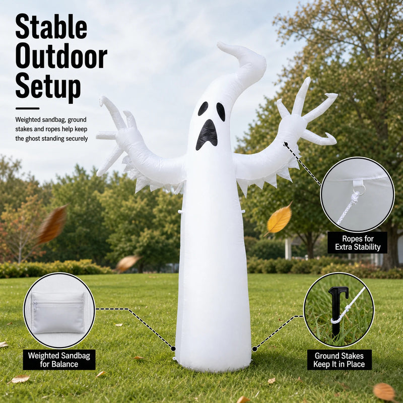 1.8M Giant Inflatable White Ghost with LED Lights – Halloween Horror Decoration, Waterproof PVC Outdoor Yard & Garden Party Prop