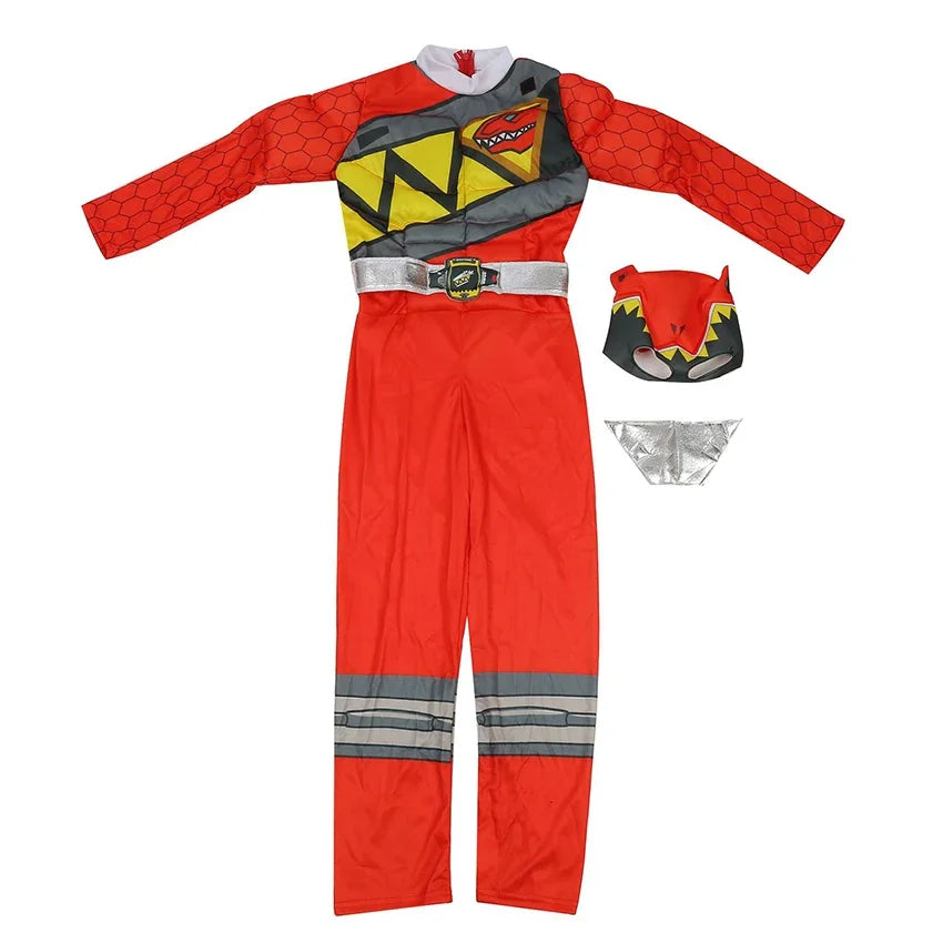 Red Dino Ranger Kids Costume – Dinosaur-Themed Muscle Jumpsuit, Superhero Cosplay Outfit for Halloween, Carnival & Dress-Up Parties