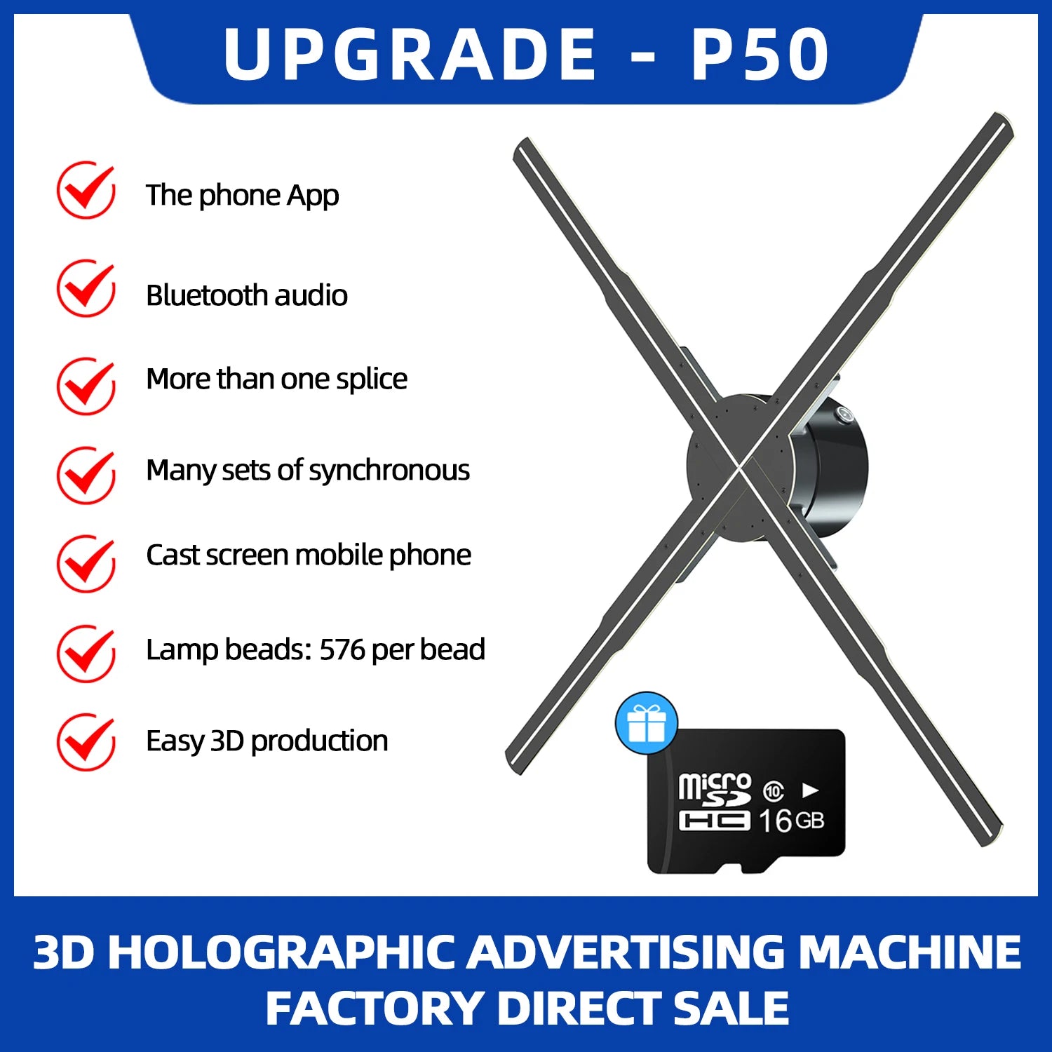 VIGAOT 50cm Wi-Fi Holographic Fan 3D Advertising Machine 576 LED Sign Neon Smart HD Player Support Video Picture Logo Holographic Light