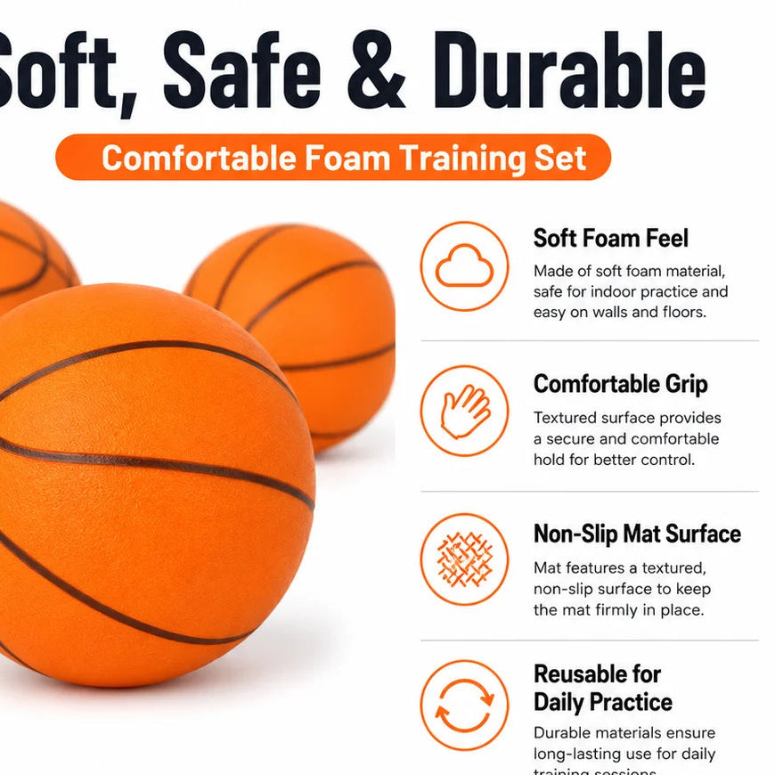 Basketball Training Mat + Silent Balls Set, Sizes 3 5 7, Indoor Practice & Coordination