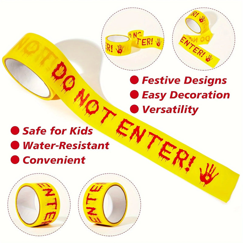 1pc 25m Halloween Do Not Enter Warning Tape – Bloody Handprint Drip Design Yellow Barrier Tape for Haunted House & Party Decor