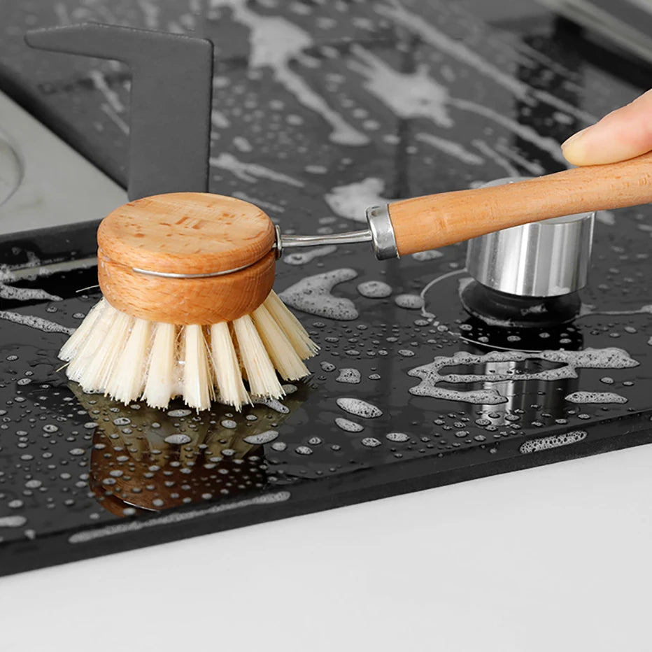 Vilda Bamboo Kitchen Cleaning Brush Natural Dishes Pots Pans Sink Washing Brush Eco-friendly Clean Scrubber with Draining Storage Tray