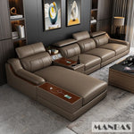 Alfour Modern Italian Leather Sofa for Living Room with Cup Holder, USB, Adjustable Headrests & Bluetooth Speaker - Linlamlim