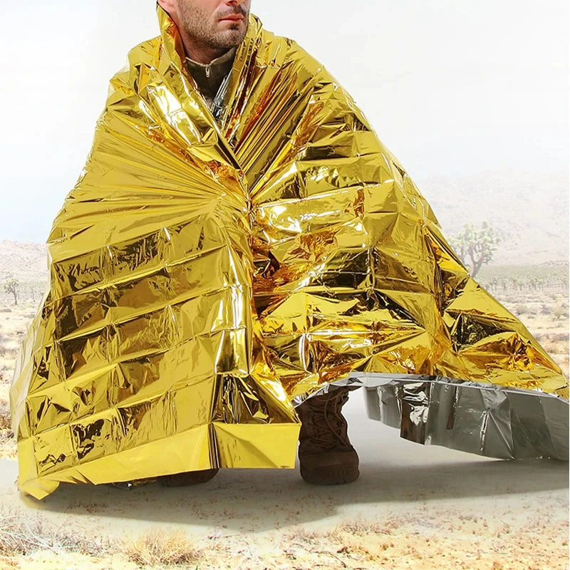 Emergency Thermal Poncho Blanket Lightweight Water-Resistant Windproof Sunshade Reusable First Aid Mat Pad Cover