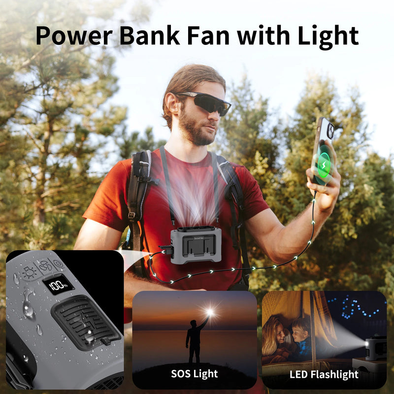 Socool 14500mAh Portable Waist Fan Dual Airflow Outlet Turbo Motors with Four Clips Emergency Flashlight Power Bank