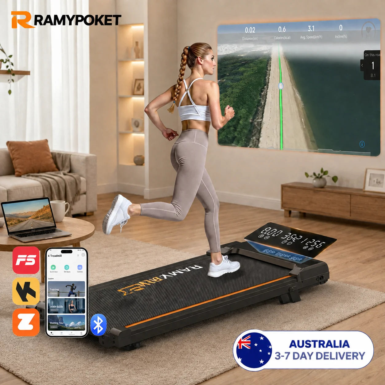 RAMYPOKET Walking Pad Treadmill with 9% Incline APP Control, 3-Window LED 2.5HP Under Desk Treadmill 120KG Capacity 1-8 Km/h Treadmill Running Machine
