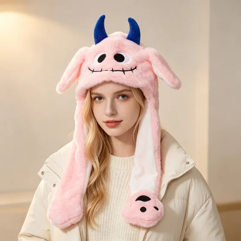 Halloween Moving Ear Plush Hat – Pumpkin, Skeleton & Monster Cartoon Cosplay Hat with Press-to-Jump Ears