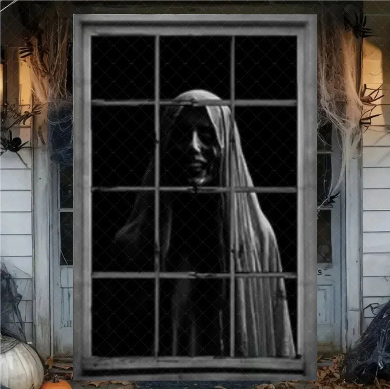 Halloween Horror Window Curtain Banner – Witch, Zombie & Ghost Hanging Decoration