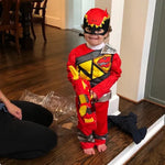 Red Dino Ranger Kids Costume – Dinosaur-Themed Muscle Jumpsuit, Superhero Cosplay Outfit for Halloween, Carnival & Dress-Up Parties