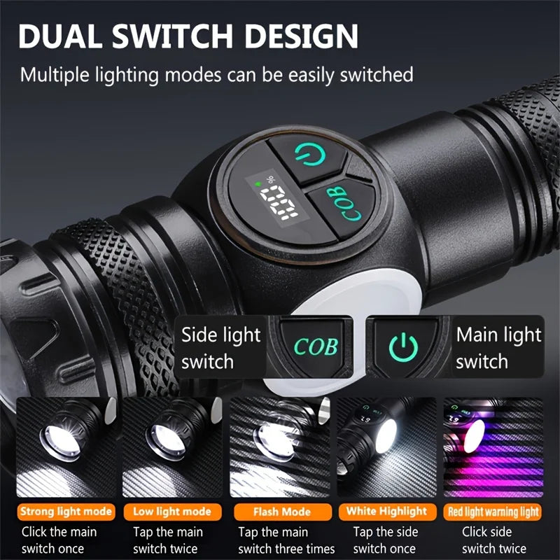 Gondiah Camping High Strong Power LED Flashlights USB Rechargeable Magnetic Tactical Torch with COB Side Light Camping Fishing Zoom Lantern