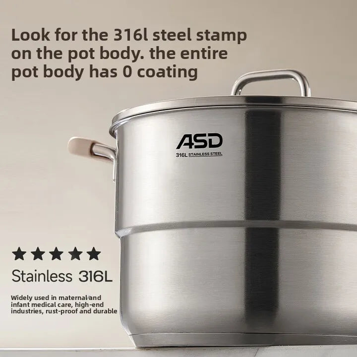 ASD 316L Food Grade Thick Stainless-Steel Steamer Pot 2-Tier Cooking Pot 22cm Induction & Gas Stove Compatible