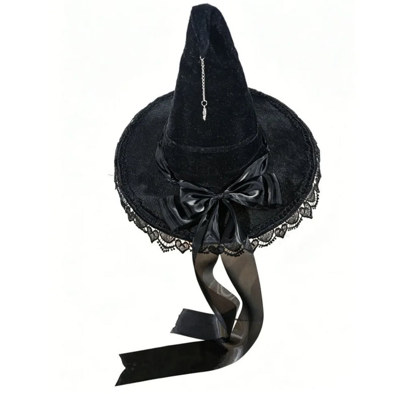 Gothic Lolita Witch Hat – Satin Bow, Lace & Star Pendant Bendable Masquerade Costume Hat for Women, Halloween Party & Cosplay