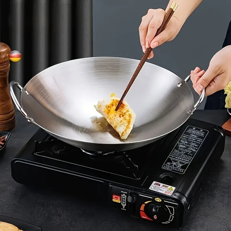 MasterBro 1pc Large Stainless-Steel Wok, Uncoated Thick High-Quality Durable Chef's Pan with Dual Handles, Easy to Clean