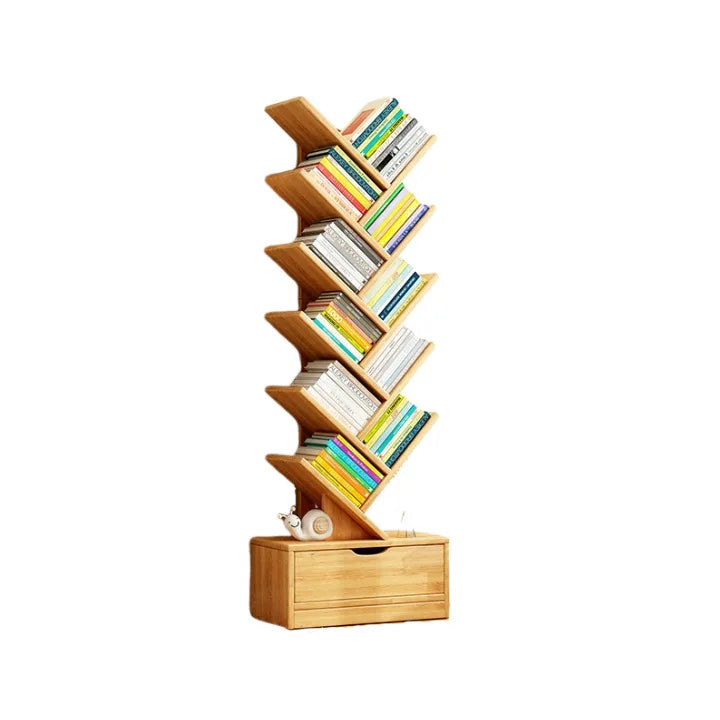 MOYU Tree Shaped Bookshelf with Cabinet Solid Wood Furniture Bookcase Floor Standing Narrow Storage Rack for Home Office Bedroom