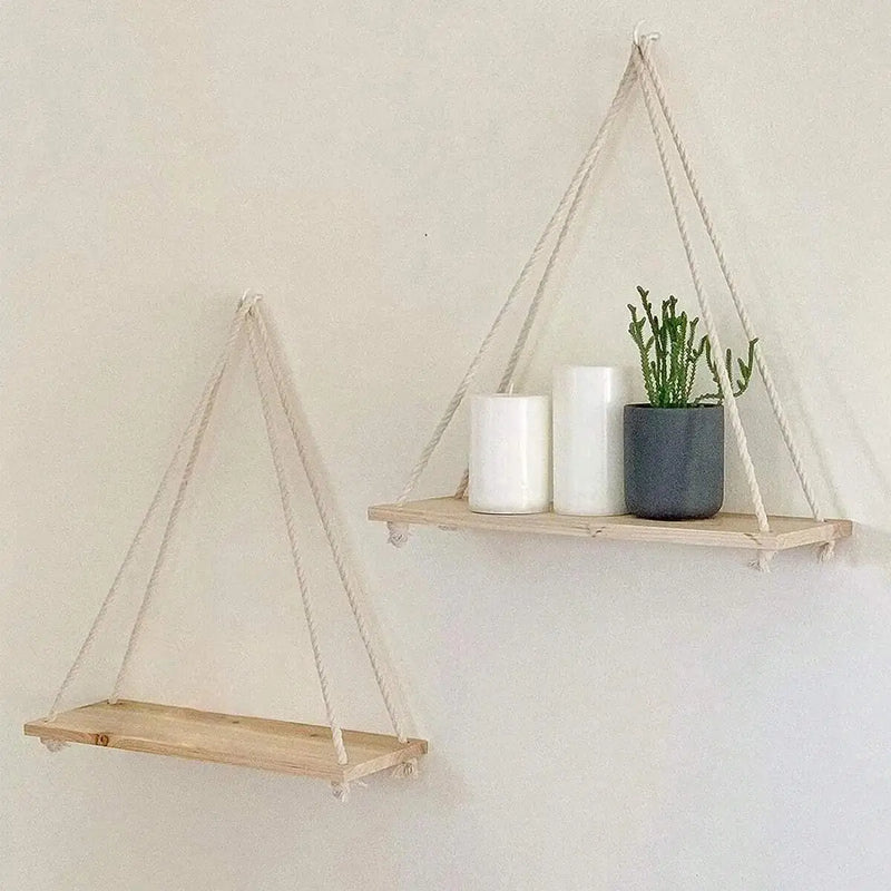 east Home Wooden Swing Hanging Hemp Rope Wall Shelve Mounted Floating Home Living Room Plant Flower Pot Tray Storage Garden Decoration
