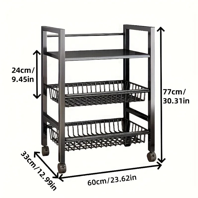 JIUAN 1pc Mobile Storage Rack, Adjustable 4-Tier Kitchen Shelf with 3 Wire Baskets, Kitchen Organizer and Storage