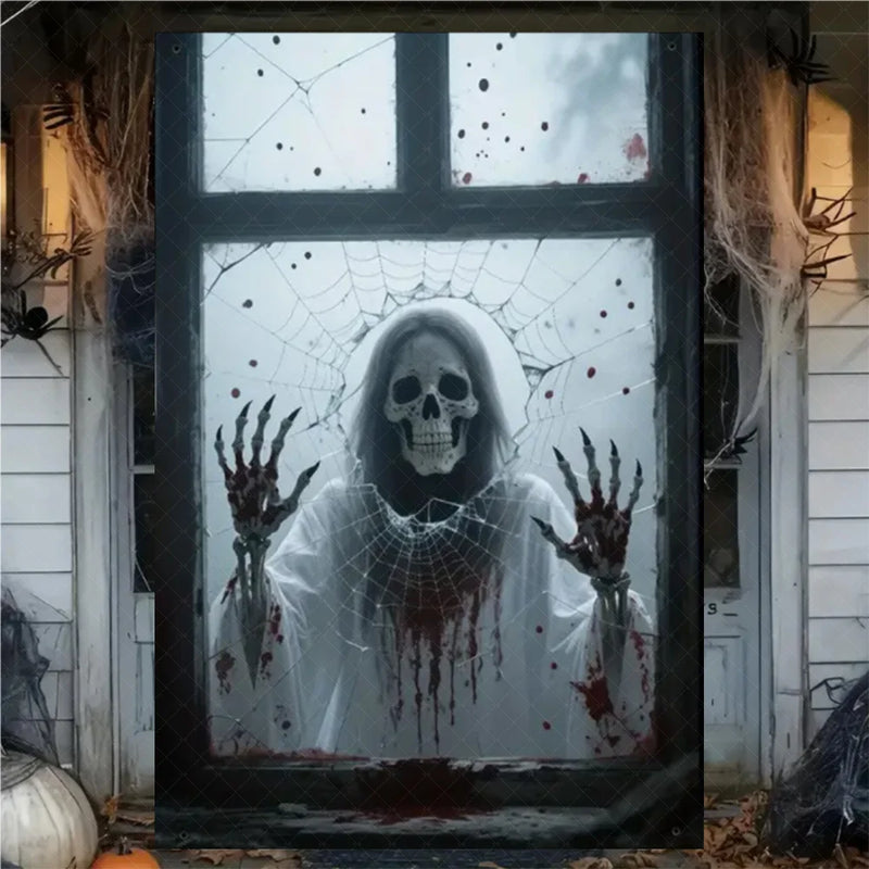 Halloween Horror Window Curtain Banner – Witch, Zombie & Ghost Hanging Decoration