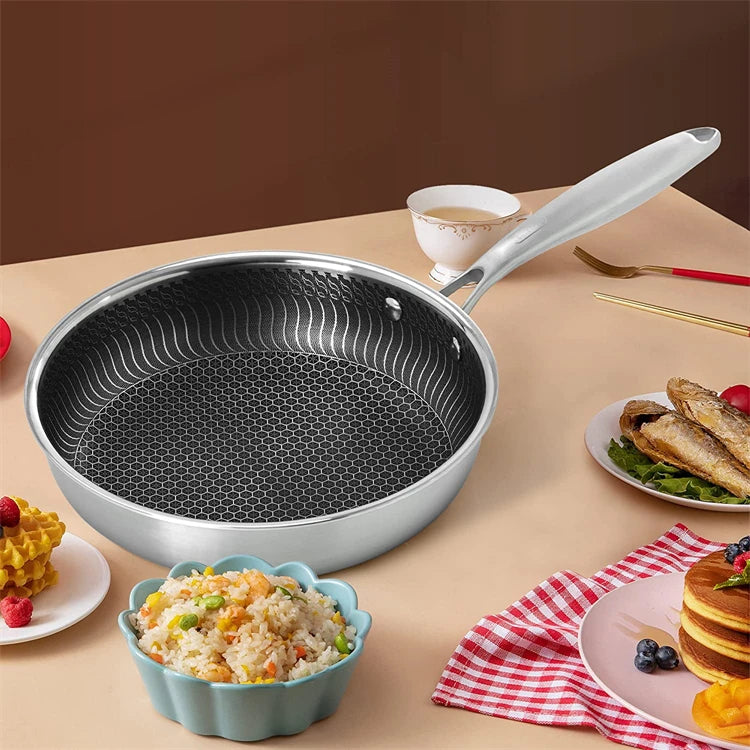east Essentials Stainless Steel Frying Pan Nonstick Honeycomb Fry Pan with Lid Induction Ceramic Electric Gas Cooktops