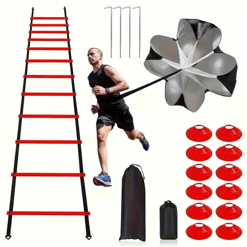 east Fitness 1 Set Soccer Training Agility Ladder Set, Logo Disks, Resistance Umbrella, Spikes, Obstacles Speed Awareness Training