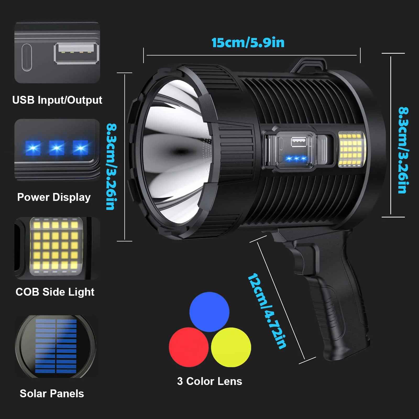 Rechargeable Spotlight 900000 Lumens Led Spotlights Handheld Large Flashlight Super Bright Outdoor Solar Spotlights Searchlight