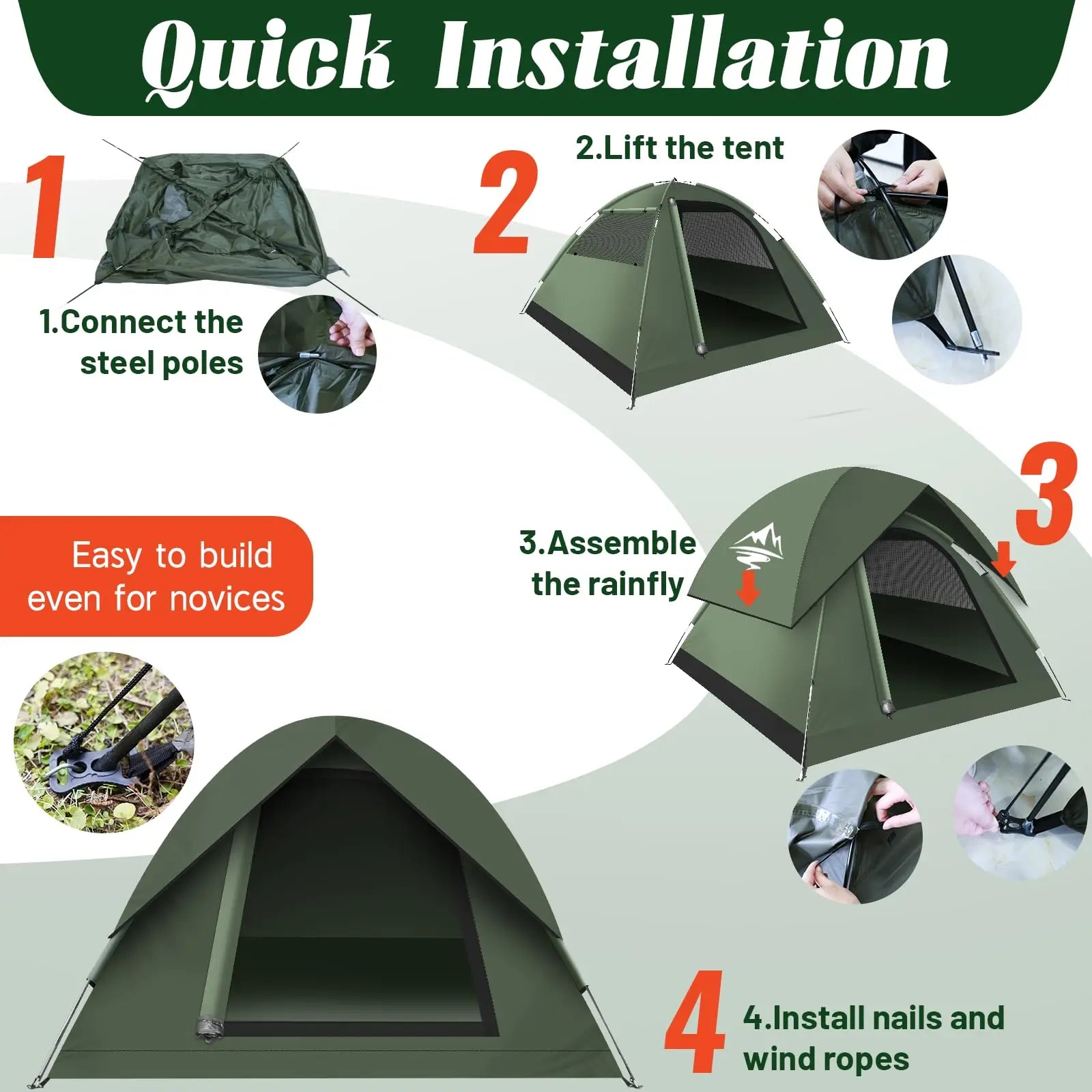 3–4 Person Waterproof Dome Camping Tent – Windproof Easy Setup with Removable Shelter