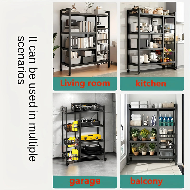 JIUAN 1pc Mobile Storage Rack, Adjustable 4-Tier Kitchen Shelf with 3 Wire Baskets, Kitchen Organizer and Storage