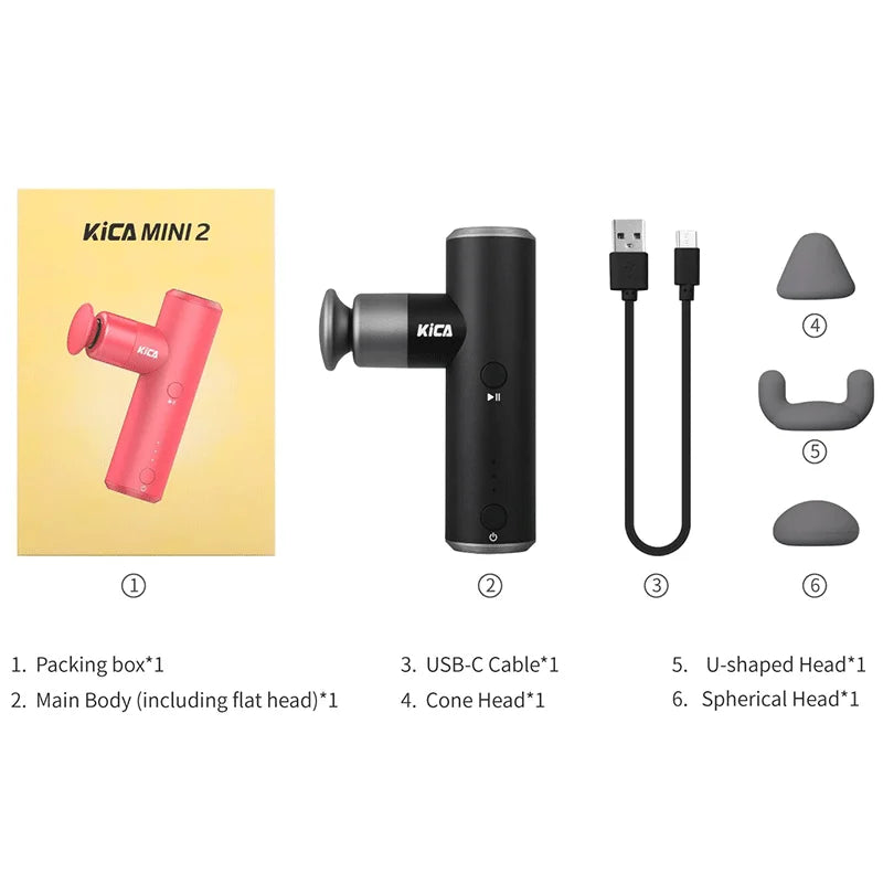 KiCA Mini 2 Fascia Gun 4 Gear Aluminum Portable 3000rpm Deep High Speed 3 Massage Heads Gun for Sport, 195g