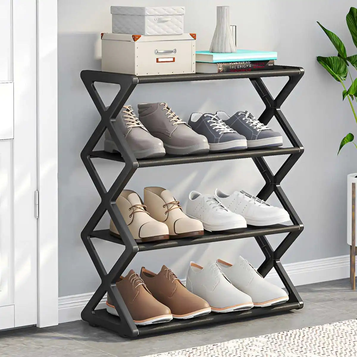 Ahsee 4-Tier X-Type Shoe Storage Rack, Dorm Rooms Multifunctional X-shaped Dust-proof Storage Rack for Entryways Hallways Bedrooms