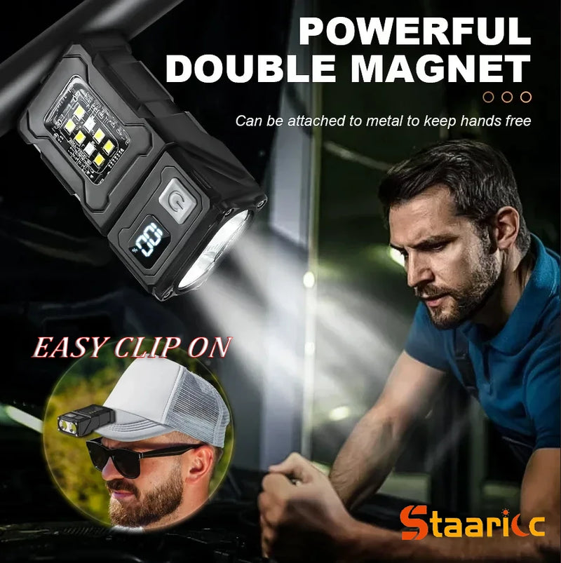 Clip-On Mini Portable LED Flashlight with Side COB Light Magnetic Tail USB Rechargeable