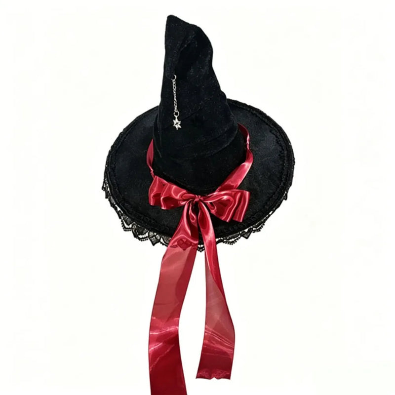 Gothic Lolita Witch Hat – Satin Bow, Lace & Star Pendant Bendable Masquerade Costume Hat for Women, Halloween Party & Cosplay