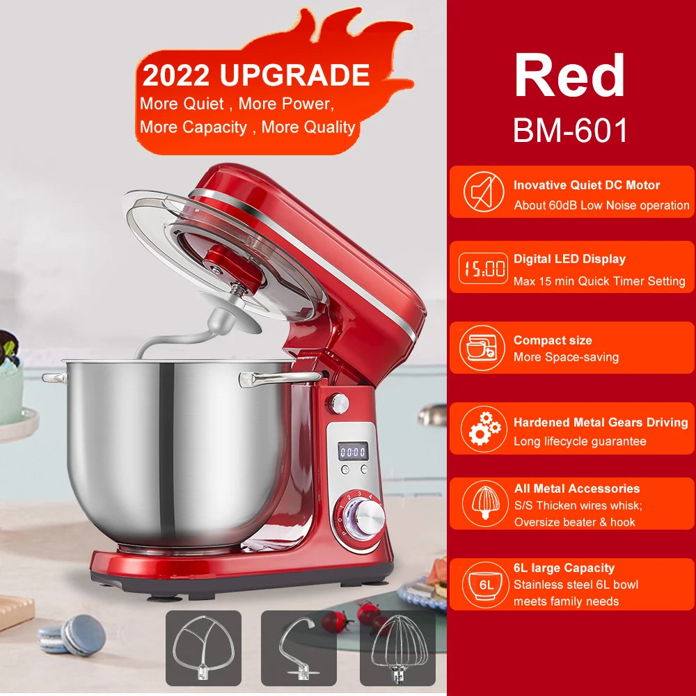 BioloMix Kitchen Food Stand Mixer, Blender, Quiet Motor, Cream Egg Whisk, Whip Dough Kneader, 6-Speed, 1200 W, 6 L