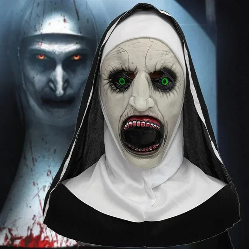 Scary Nun Mask Halloween Costume Bloody Horror Devil Face with Headwrap