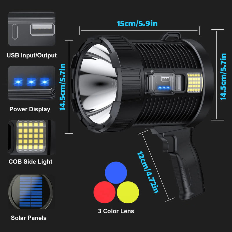 Rechargeable Spotlight 900000 Lumens Led Spotlights Handheld Large Flashlight Super Bright Outdoor Solar Spotlights Searchlight