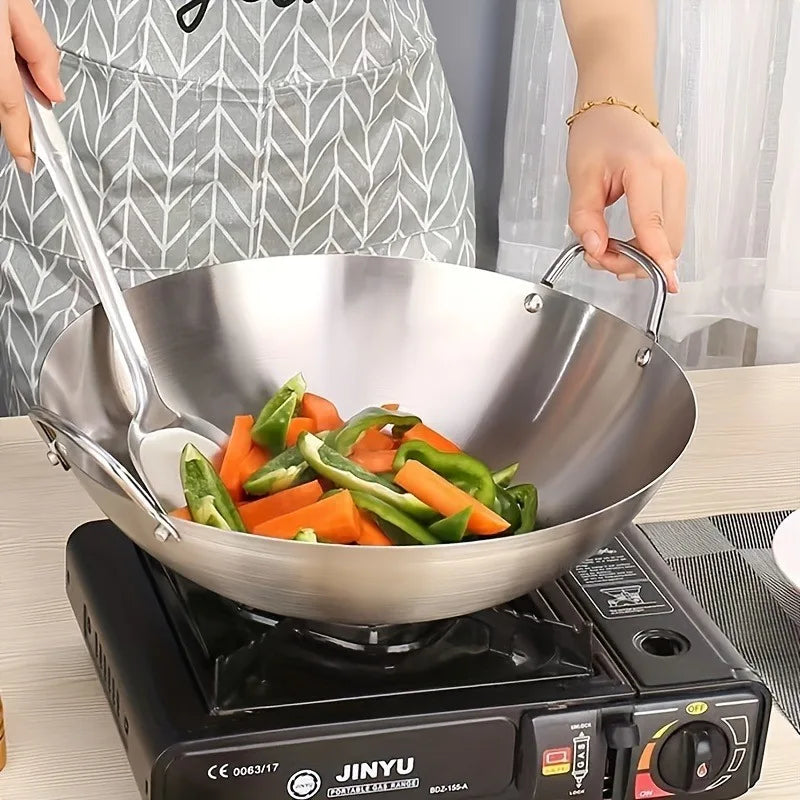 MasterBro 1pc Large Stainless-Steel Wok, Uncoated Thick High-Quality Durable Chef's Pan with Dual Handles, Easy to Clean