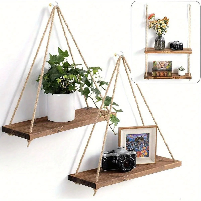 east Home Wooden Swing Hanging Hemp Rope Wall Shelve Mounted Floating Home Living Room Plant Flower Pot Tray Storage Garden Decoration