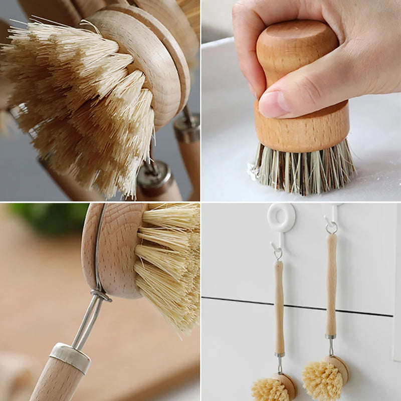Vilda Bamboo Kitchen Cleaning Brush Natural Dishes Pots Pans Sink Washing Brush Eco-friendly Clean Scrubber with Draining Storage Tray