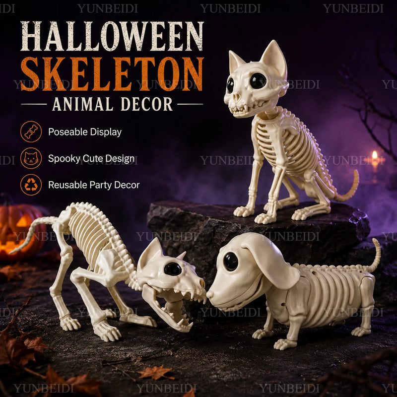 Halloween Animal Skeleton Cat & Dog Models – Realistic Horror Skeleton Ornaments for Haunted House, Garden & Party Decorations