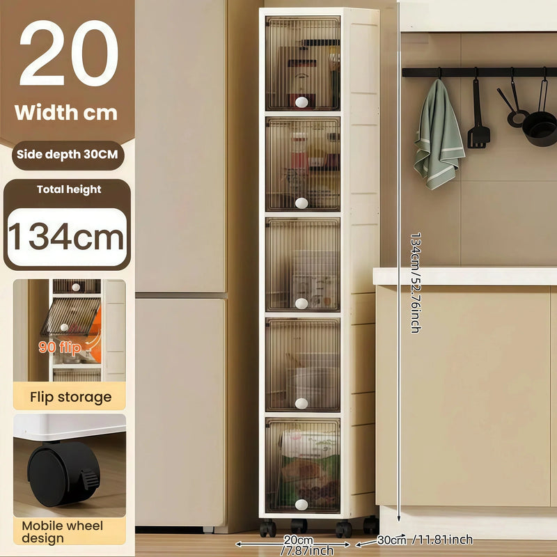 Storage Queen 20cm-Flip lid slit storage cabinet, kitchen slit shelf, bathroom multi-layer plastic snack cabinet, narrow-edge storage cabinet